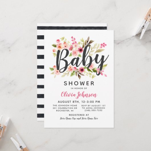 Invitation Baby shower Floral rose moderne Script (Devant/Arrière en situation)