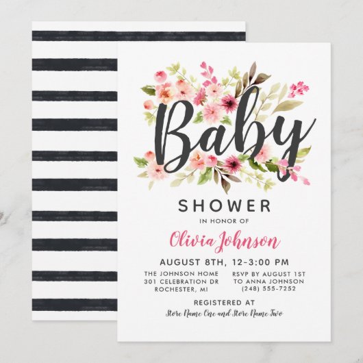 Invitation Baby shower Floral rose moderne Script (Devant / Derrière)