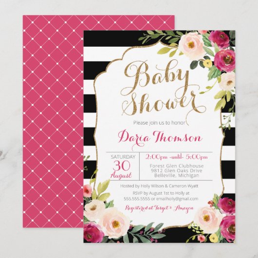 Invitation Baby shower floral rose noir et blanc chic (Devant / Derrière)