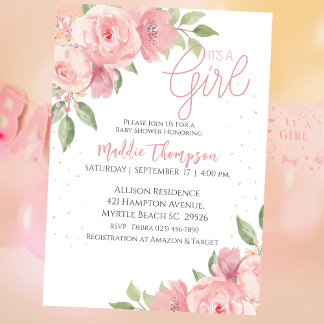 Invitation Baby shower Floral Rose or mignonne pour filles
