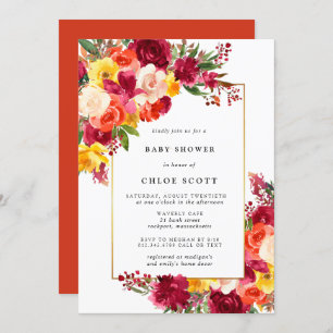 Invitation Baby shower Floral rose orange jaune Bourgogne