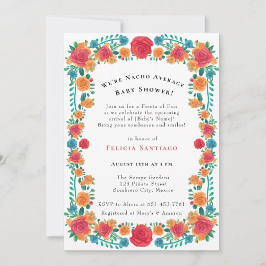 Invitation Baby shower Floral rose orange mexicain Fiesta (Devant)