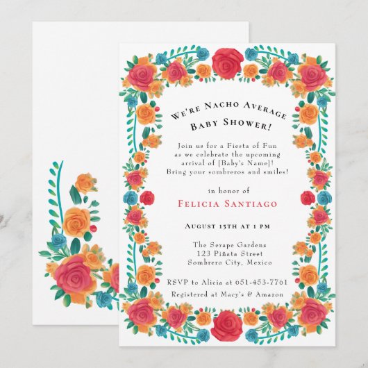 Invitation Baby shower Floral rose orange mexicain Fiesta (Devant / Derrière)