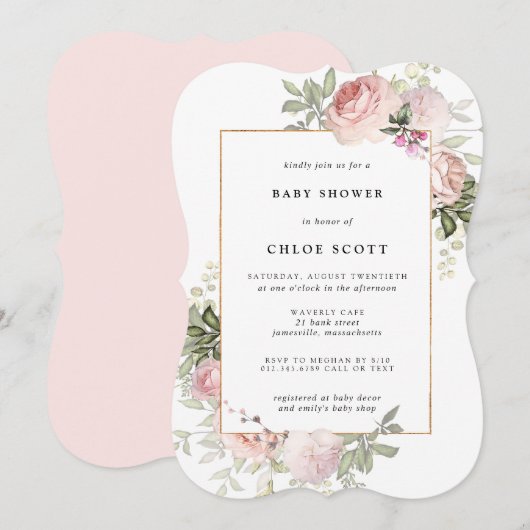 Invitation Baby shower floral rose pâle (Devant / Derrière)