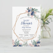 Invitation Baby shower floral rose pâle bleu (Debout devant)