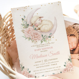 Invitation Baby shower floral rose pâle Chic Lune d'agneau
