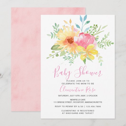 Invitation Baby shower floral rose pâle de l'été Pastel (Devant / Derrière)