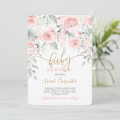 Invitation Baby shower floral rose pâle fille (Debout devant)