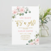 Invitation Baby shower floral rose pâle fille (Debout devant)