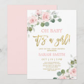 Invitation Baby shower floral rose pâle fille (Devant / Derrière)
