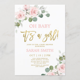 Invitation Baby shower floral rose pâle fille