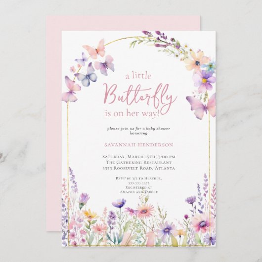 Invitation Baby shower floral rose papillon (Devant / Derrière)
