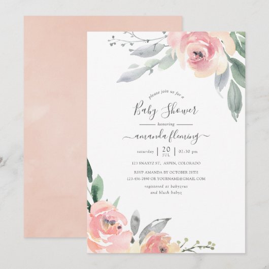 Invitation Baby shower floral rose pastel (Devant / Derrière)