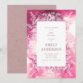 Invitation Baby shower floral rose Plum brillant (Devant / Derrière)