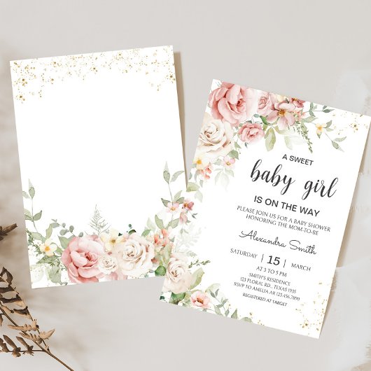Invitation Baby shower floral rose poussiéreux