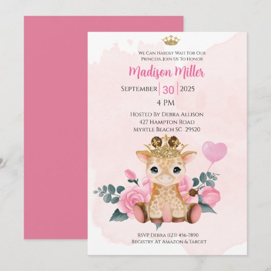 Invitation Baby shower Floral rose princesse Giraffe Invitat (Devant / Derrière)