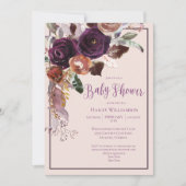 Invitation Baby shower floral rose, prune et or (Devant)