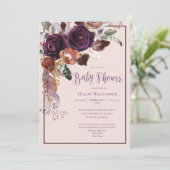 Invitation Baby shower floral rose, prune et or (Debout devant)