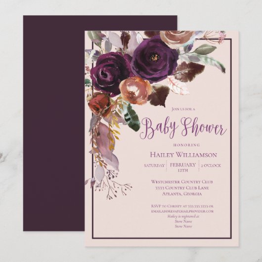 Invitation Baby shower floral rose, prune et or (Devant / Derrière)