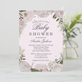 Invitation Baby shower floral Rose rose argent (Debout devant)