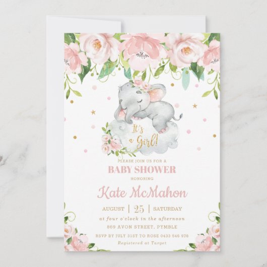 Invitation Baby shower Floral rose rose clair de l'éléphant d (Devant)