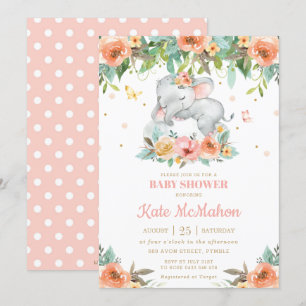 Invitation Baby shower floral rose rose de l'éléphant endormi