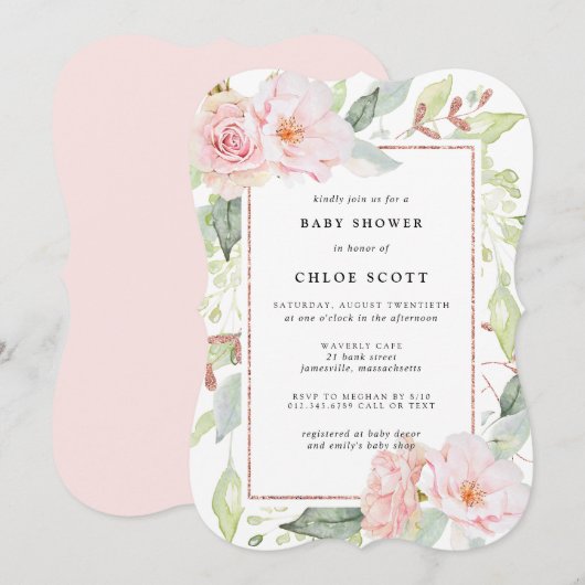 Invitation Baby shower floral rose rose rose (Devant / Derrière)