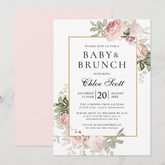 Invitation Baby shower floral rose rose rousse (Devant / Derrière)