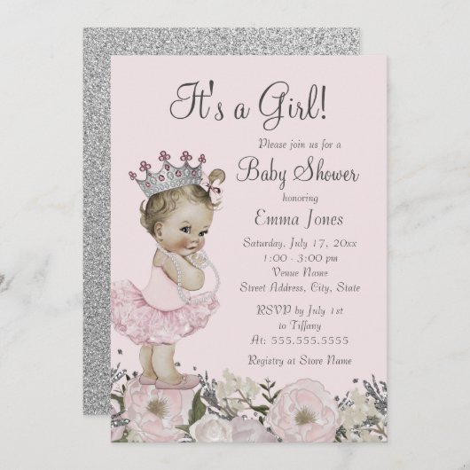 Invitation Baby shower Floral Rose Silver Princess (Devant / Derrière)