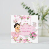 Invitation Baby shower Floral Rose Tea Party Pink Brunette (Debout devant)