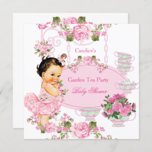 Invitation Baby shower Floral Rose Tea Party Pink Brunette