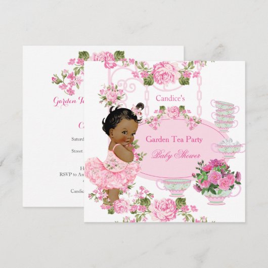 Invitation Baby shower Floral Rose Tea Party Pink Ethnic (Devant / Derrière)