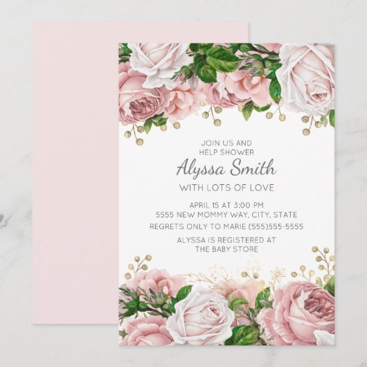 Invitation Baby shower floral rose vif (Devant / Derrière)