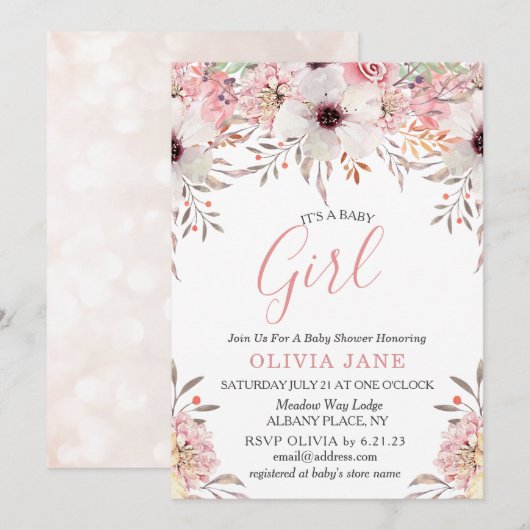 Invitation Baby shower floral rose vif (Devant / Derrière)