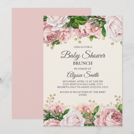 Invitation Baby shower floral rose vif Brunch (Devant / Derrière)