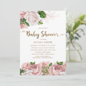 Invitation Baby shower floral rose vif pour bébé fille Script (Debout devant)