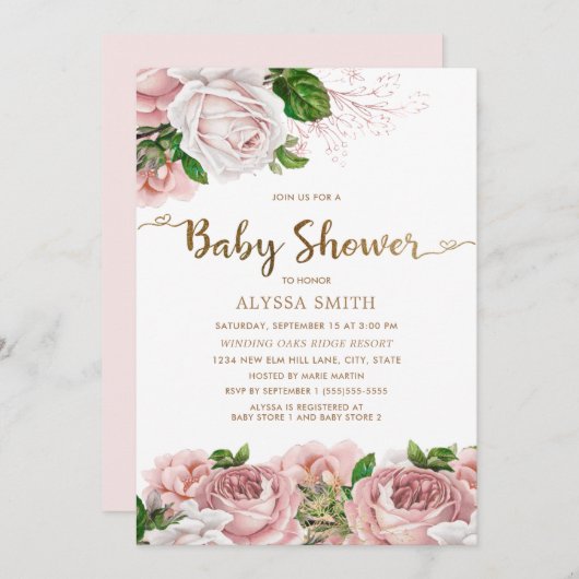 Invitation Baby shower floral rose vif pour bébé fille Script (Devant / Derrière)