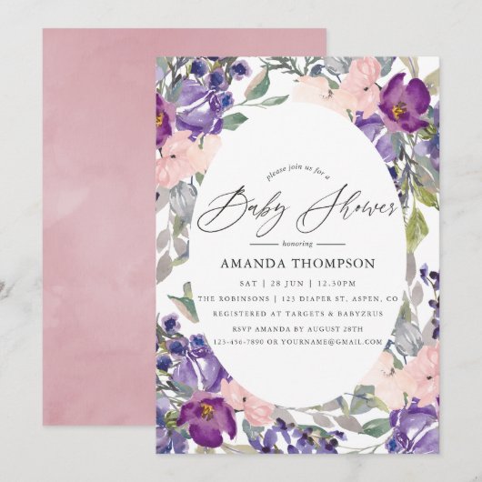 Invitation Baby shower floral rose, violet et prune (Devant / Derrière)