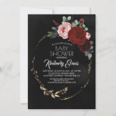 Invitation Baby shower floral rouge et or noir de Bourgogne (Devant)