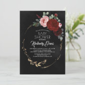 Invitation Baby shower floral rouge et or noir de Bourgogne (Debout devant)