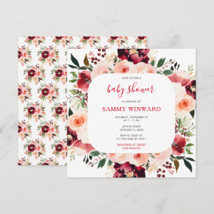 Invitation Baby shower floral rouge et rose vif de Bourgogne