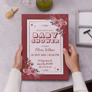 Invitation Baby shower floral rouge et rose vif de Bourgogne