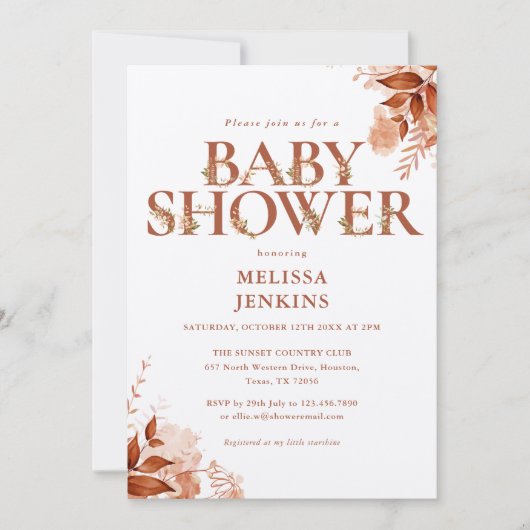 Invitation Baby Shower Floral Rustique Automne (Devant)