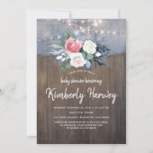 Invitation Baby shower floral rustique bleu et blanc (Devant)
