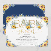 Invitation Baby shower Floral Rustique Chic Sunflower Bleu Da (Devant / Derrière)