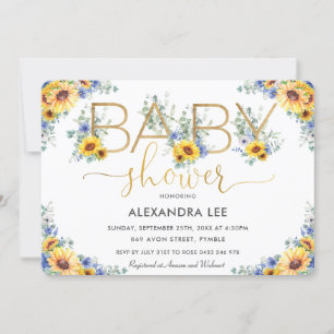 Invitation Baby shower Floral Rustique Chic Sunflower Bleu Da