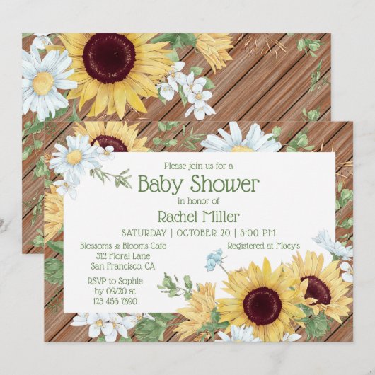 Invitation Baby shower floral rustique de tournesol (Devant / Derrière)