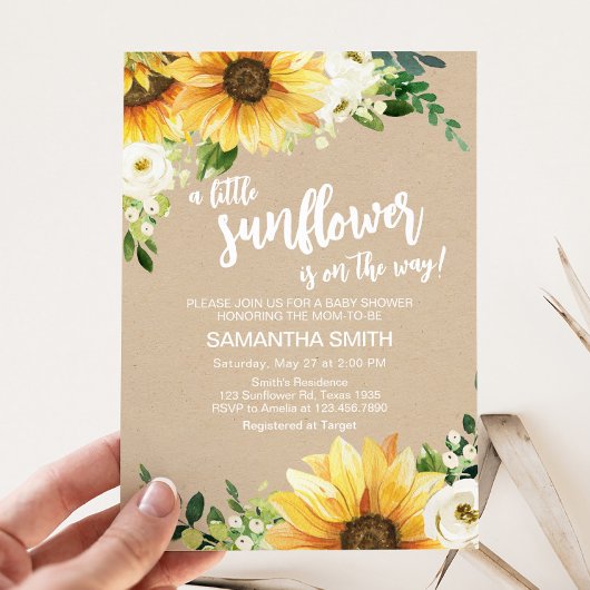 Invitation Baby shower floral rustique de tournesol