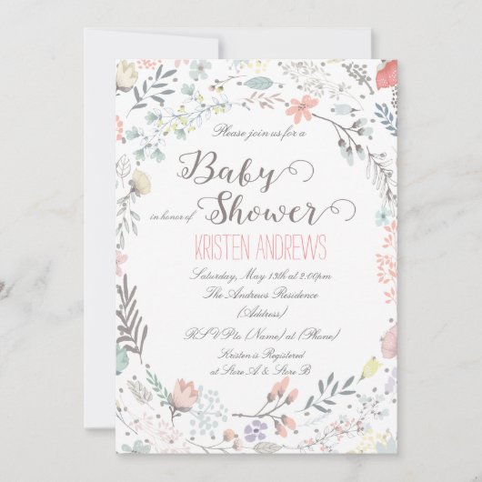 Invitation Baby shower floral rustique II (Devant)