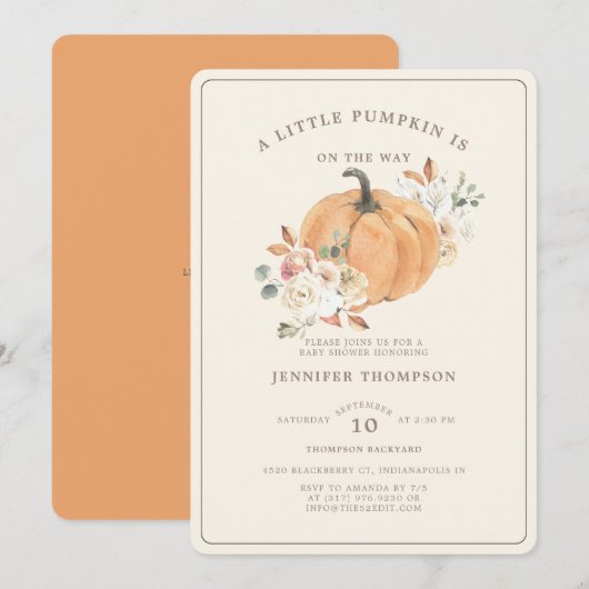 Invitation Baby shower Floral Rustique Petit Citrouille (Devant / Derrière)